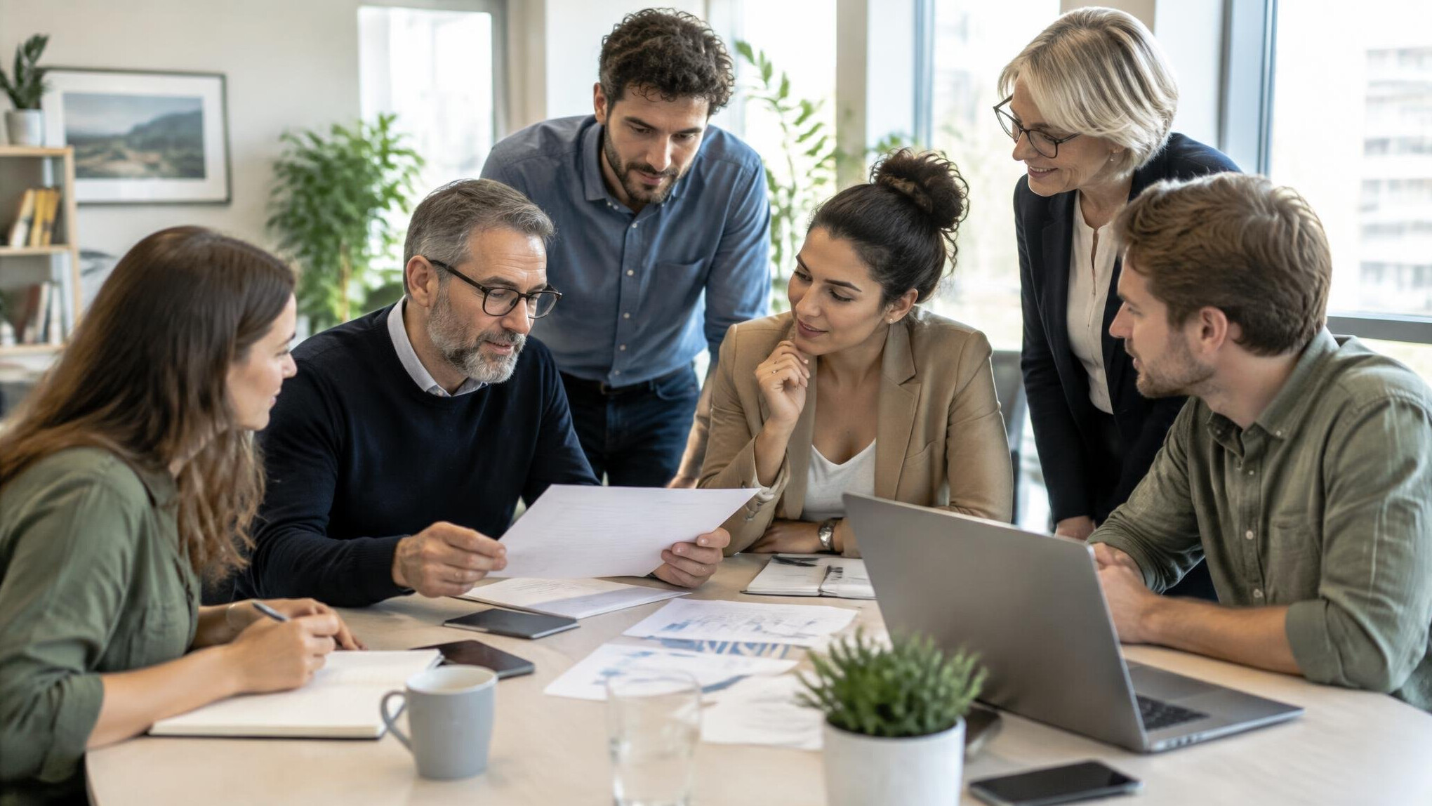 Group of colleagues having a collaborative discussion in an office