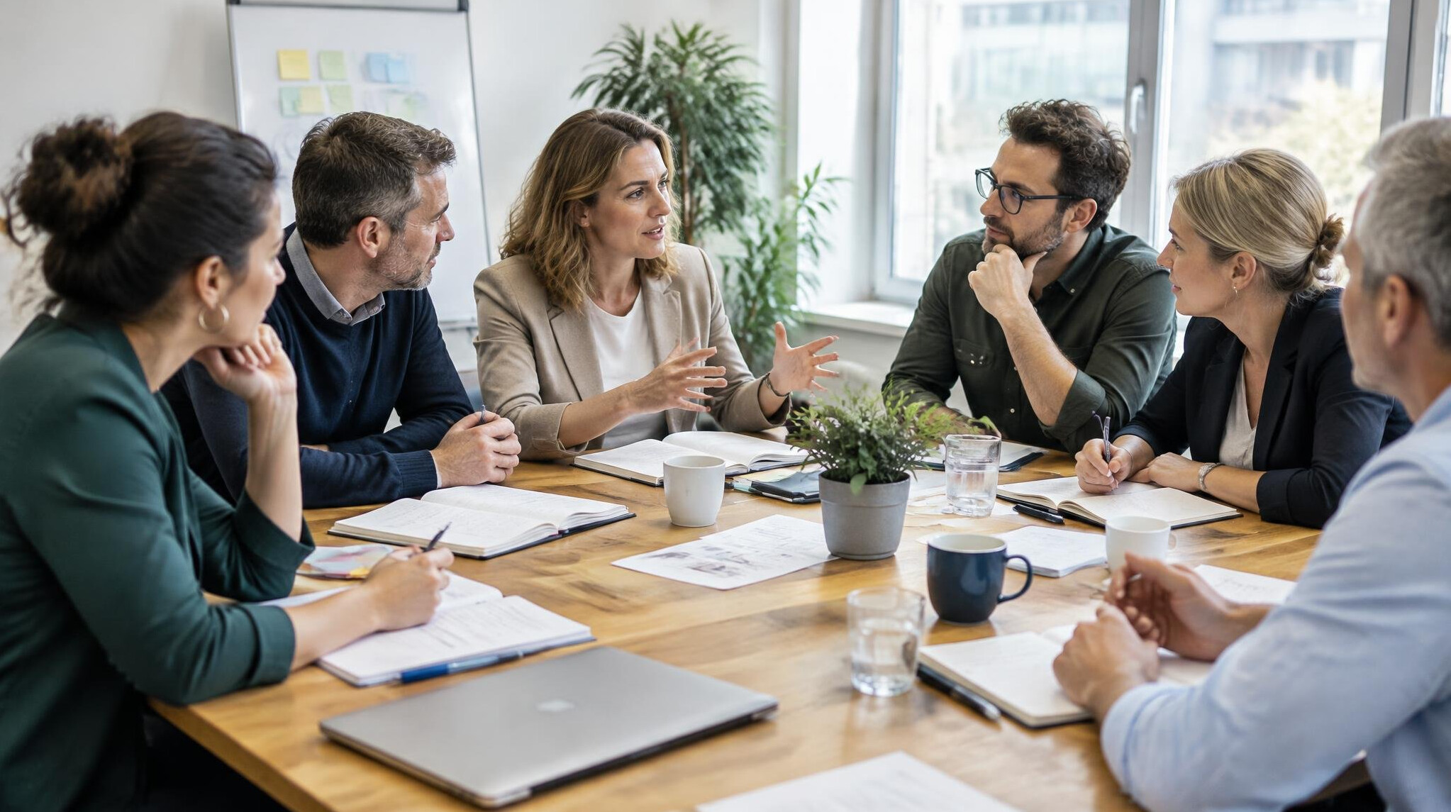 Diverse team of professionals discussing around a table during a workshop